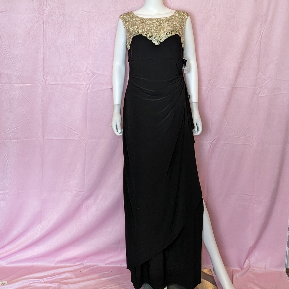 Alex Evenings Black and Gold Draped Long Formal Evening Gown size 12